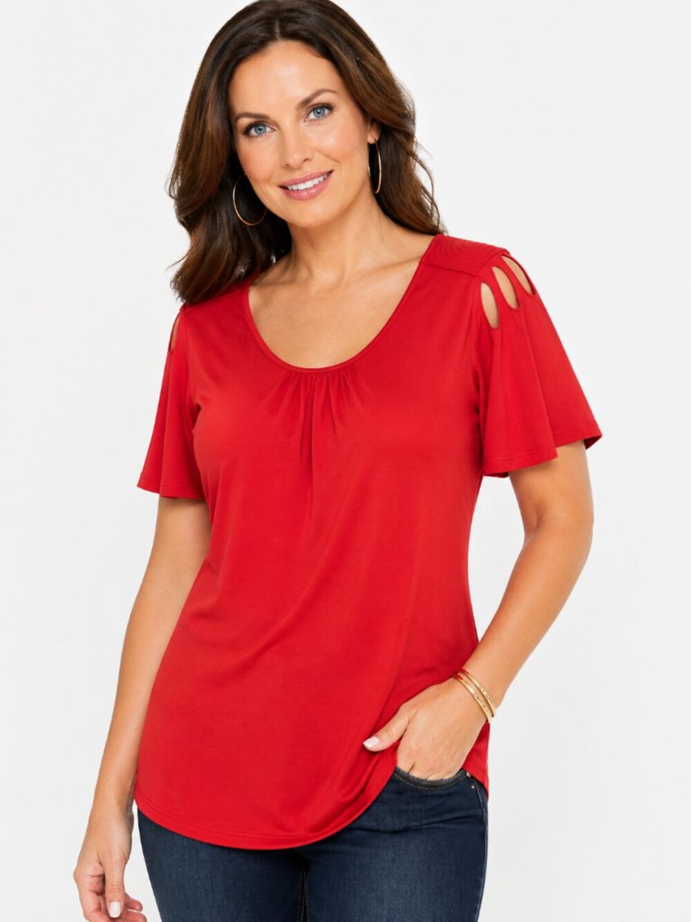 Sejour Red Cold Shoulder Top Flutter Sleeve Shoulder Keyhole Stretch Size 2X